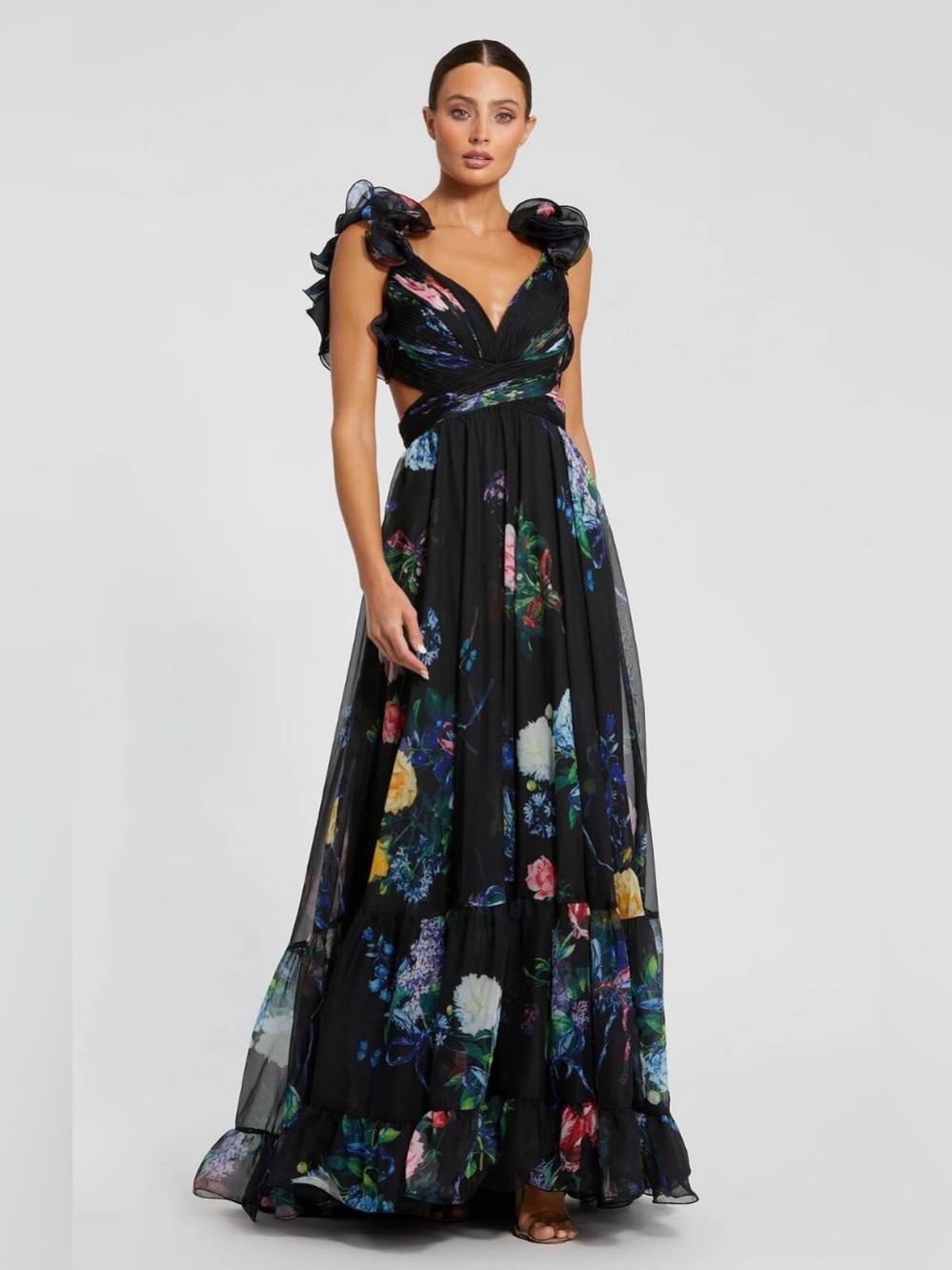 NEW  Mac Duggal Ruffle Strap Floral Chiffon Dress Sz: 8 #68746
